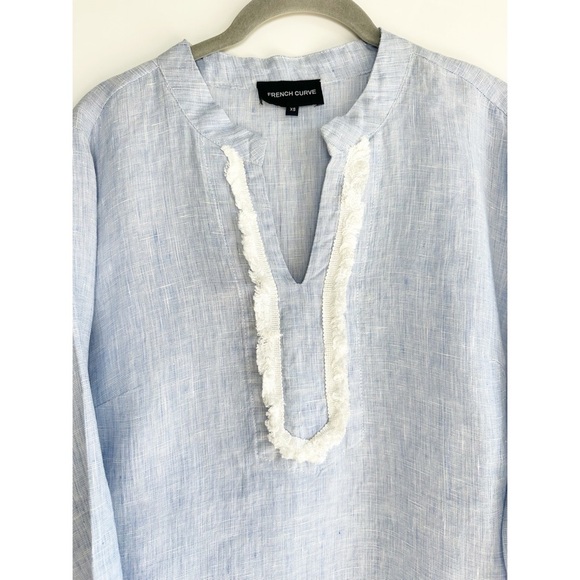 French Curve 100% Linen Beach Coverup Blue with White Trim Size XS V Neck - Picture 3 of 7
